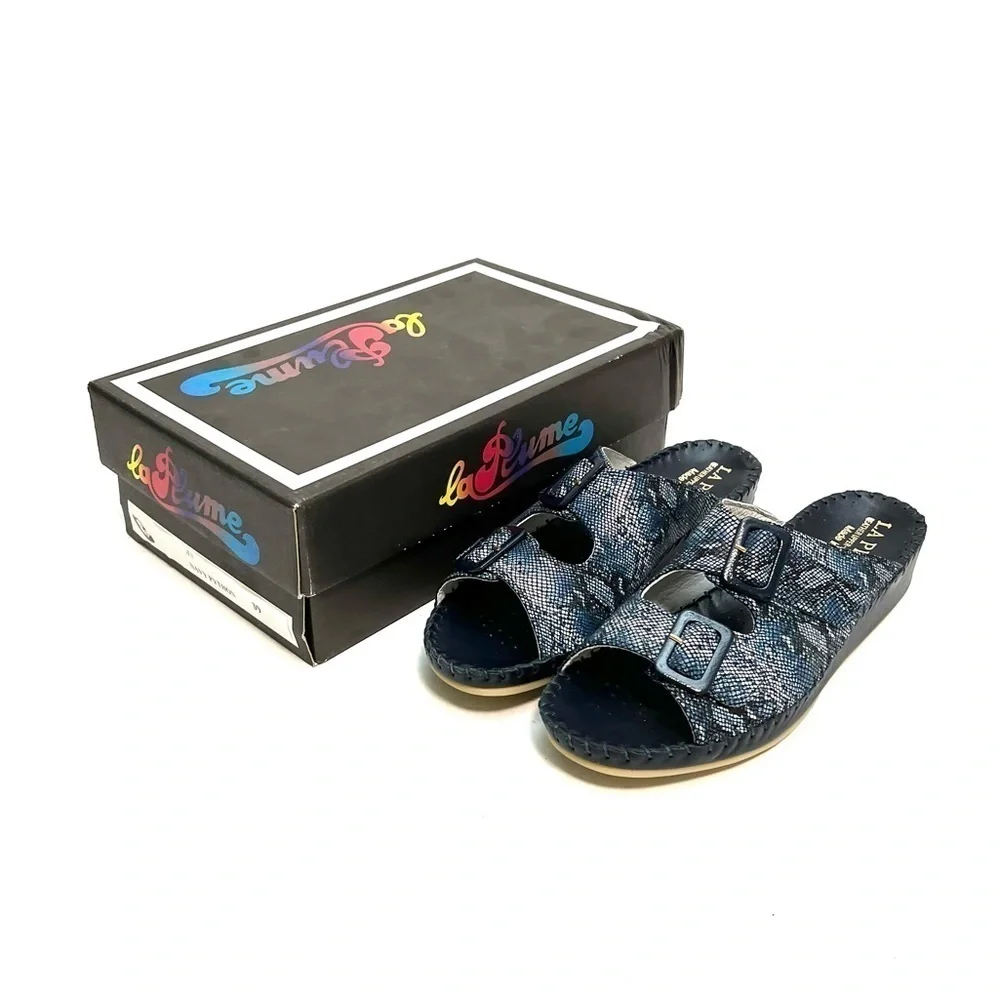 Vintage 1990s deadstock blue leather snakeskin embossed slip on wedge sandals